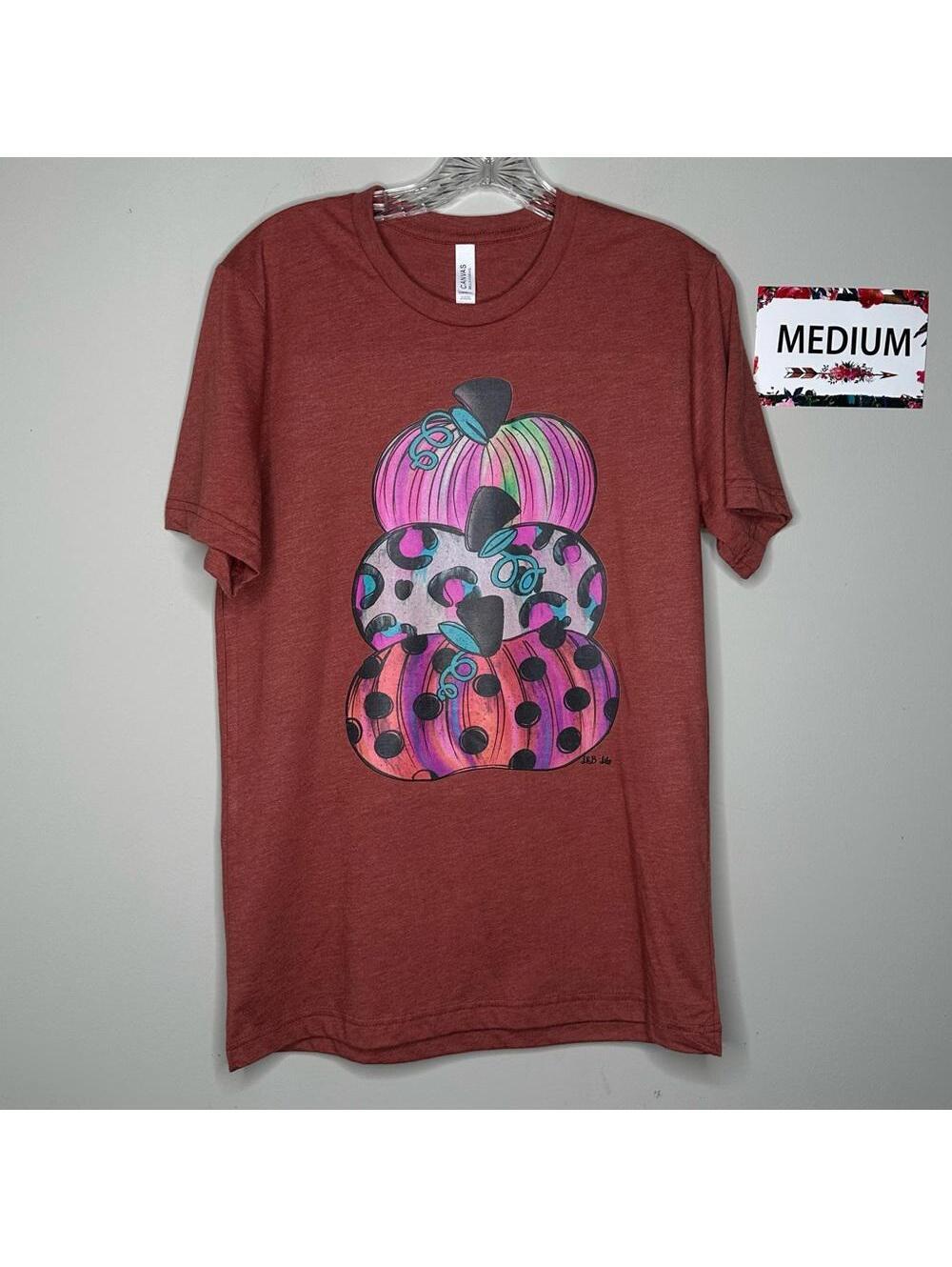 Triple Pumpkin Tower Medium Fall Tee shirt - Rust